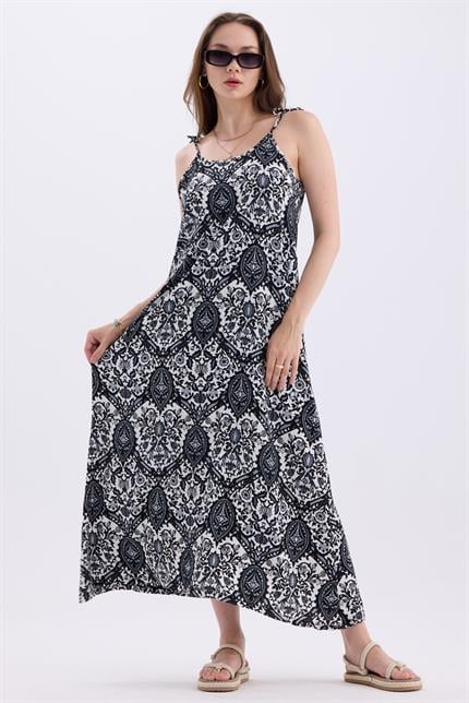 Askılı Bağlamalı Asimetrik Geniş Kesim Etnik Desenli Elbise - Siyah