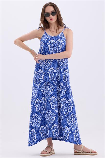 Askılı Bağlamalı Asimetrik Geniş Kesim Etnik Desenli Elbise - Mavi