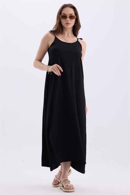 Askılı Bağlamalı Asimetrik Geniş Kesim Uzun Yazlık Elbise - Siyah