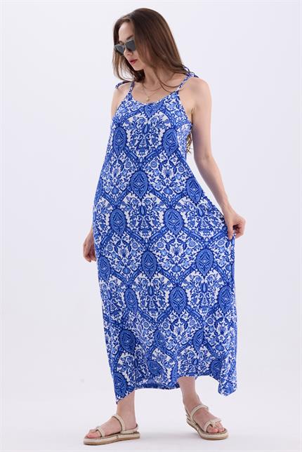 Askılı Bağlamalı Asimetrik Geniş Kesim Etnik Desenli Elbise - Mavi