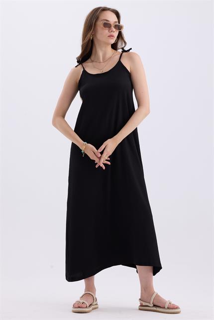 Askılı Bağlamalı Asimetrik Geniş Kesim Uzun Yazlık Elbise - Siyah