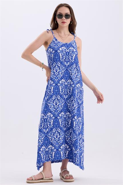 Askılı Bağlamalı Asimetrik Geniş Kesim Etnik Desenli Elbise - Mavi