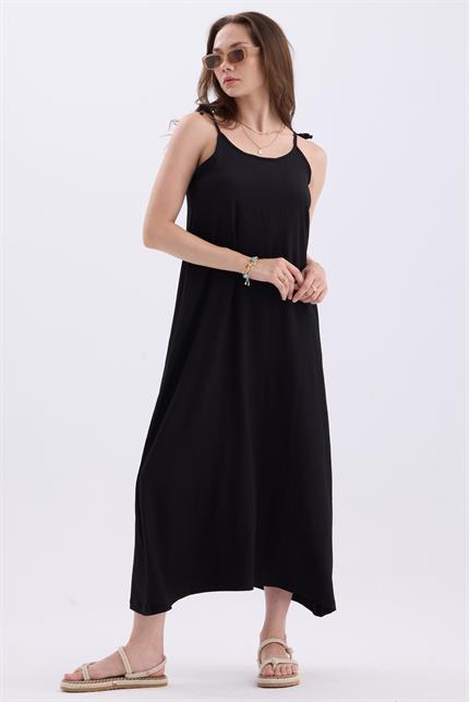 Askılı Bağlamalı Asimetrik Geniş Kesim Uzun Yazlık Elbise - Siyah