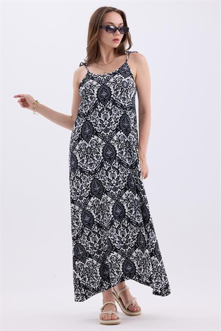 Askılı Bağlamalı Asimetrik Geniş Kesim Etnik Desenli Elbise - Siyah
