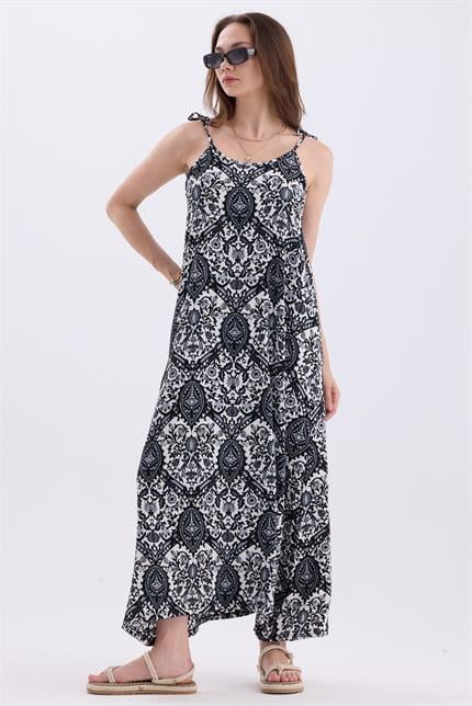 Askılı Bağlamalı Asimetrik Geniş Kesim Etnik Desenli Elbise - Siyah