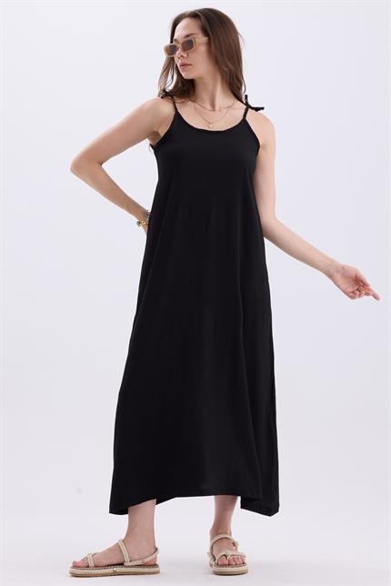 Askılı Bağlamalı Asimetrik Geniş Kesim Uzun Yazlık Elbise - Siyah