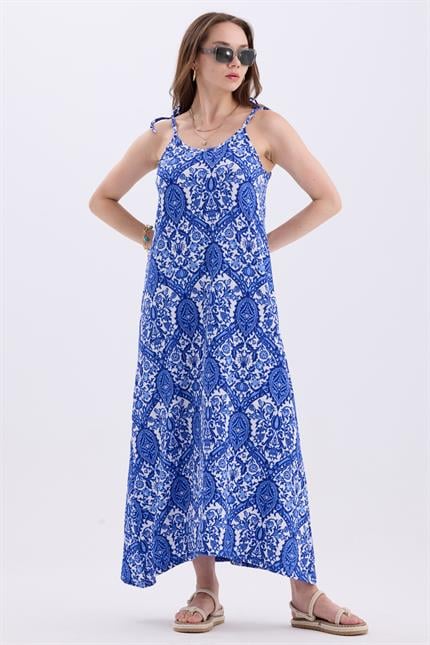 Askılı Bağlamalı Asimetrik Geniş Kesim Etnik Desenli Elbise - Mavi