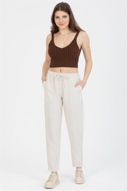Bağcıklı Yüksek Bel Cepli Keten Pantolon - Taş