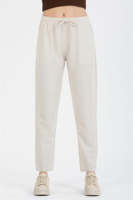 Bağcıklı Yüksek Bel Cepli Keten Pantolon - Taş