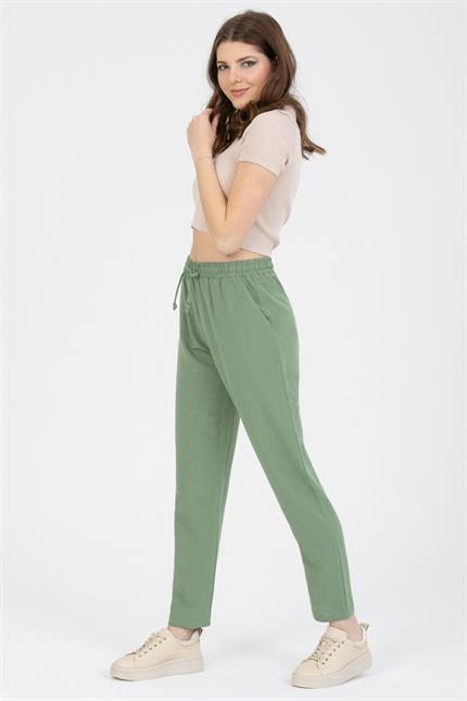 Bağcıklı Yüksek Bel Cepli Keten Pantolon - Mint Yeşil