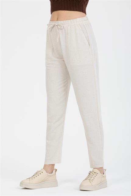 Bağcıklı Yüksek Bel Cepli Keten Pantolon - Taş