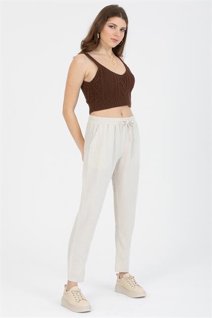 Bağcıklı Yüksek Bel Cepli Keten Pantolon - Taş