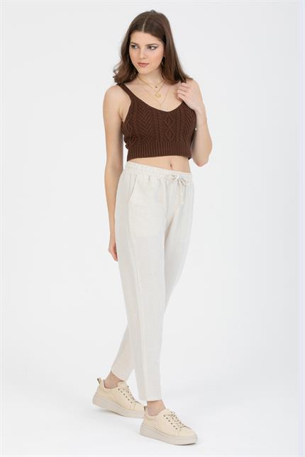 Bağcıklı Yüksek Bel Cepli Keten Pantolon - Taş