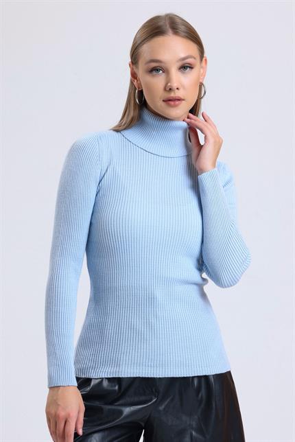 Balıkçı Yaka Fitilli Triko Kazak - Buz Mavi