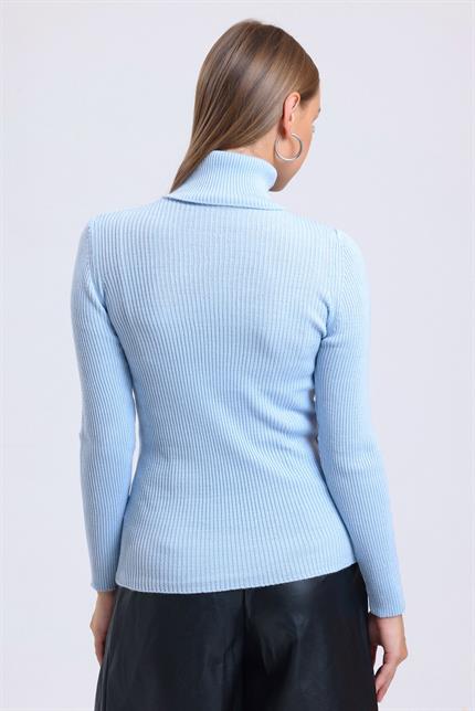 Balıkçı Yaka Fitilli Triko Kazak - Buz Mavi