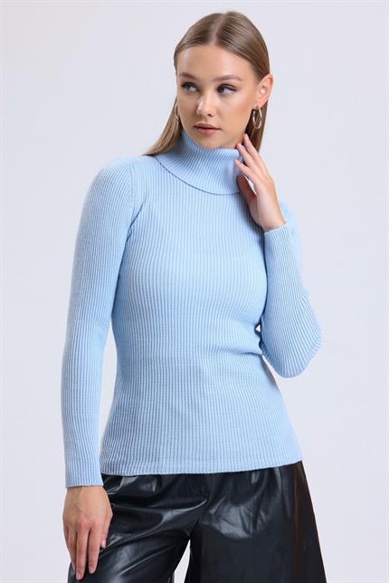 Balıkçı Yaka Fitilli Triko Kazak - Buz Mavi