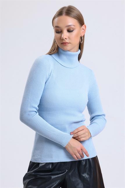 Balıkçı Yaka Fitilli Triko Kazak - Buz Mavi