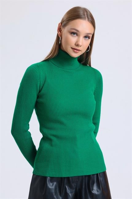 Balıkçı Yaka Fitilli Triko Kazak - Yeşil