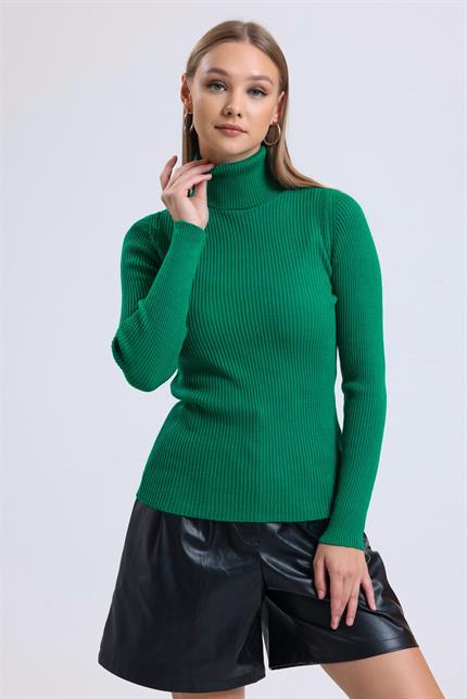 Balıkçı Yaka Fitilli Triko Kazak - Yeşil