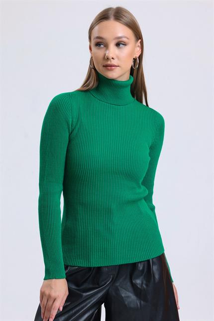 Balıkçı Yaka Fitilli Triko Kazak - Yeşil