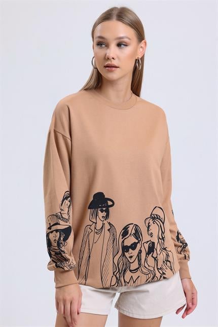 Balon Kollu Baskılı Bisiklet Yaka Oversize Sweatshirt - Bisküvi