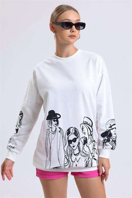 Balon Kollu Baskılı Bisiklet Yaka Oversize Sweatshirt - Ekru