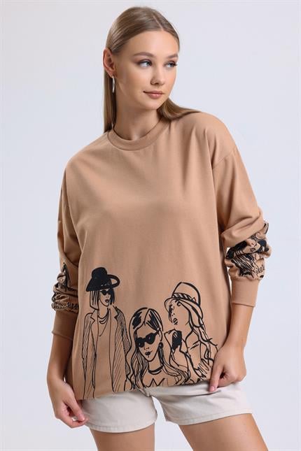 Balon Kollu Baskılı Bisiklet Yaka Oversize Sweatshirt - Bisküvi