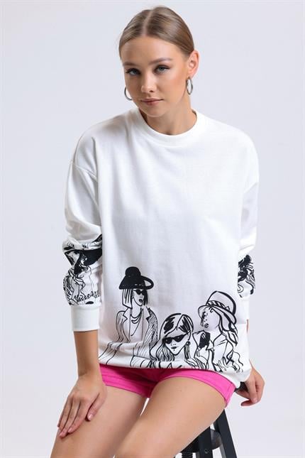 Balon Kollu Baskılı Bisiklet Yaka Oversize Sweatshirt - Ekru