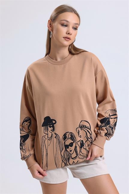 Balon Kollu Baskılı Bisiklet Yaka Oversize Sweatshirt - Bisküvi