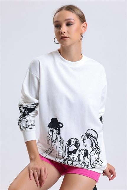 Balon Kollu Baskılı Bisiklet Yaka Oversize Sweatshirt - Ekru