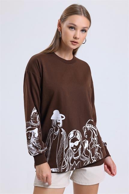 Balon Kollu Baskılı Bisiklet Yaka Oversize Sweatshirt - Kahve