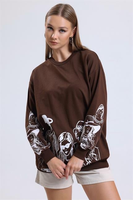 Balon Kollu Baskılı Bisiklet Yaka Oversize Sweatshirt - Kahve