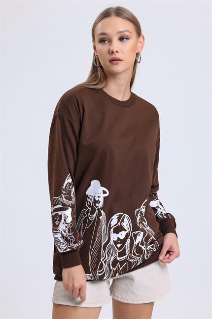 Balon Kollu Baskılı Bisiklet Yaka Oversize Sweatshirt - Kahve