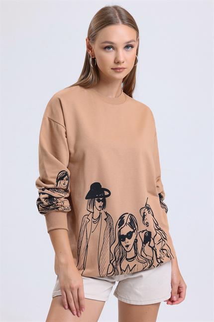 Balon Kollu Baskılı Bisiklet Yaka Oversize Sweatshirt - Bisküvi