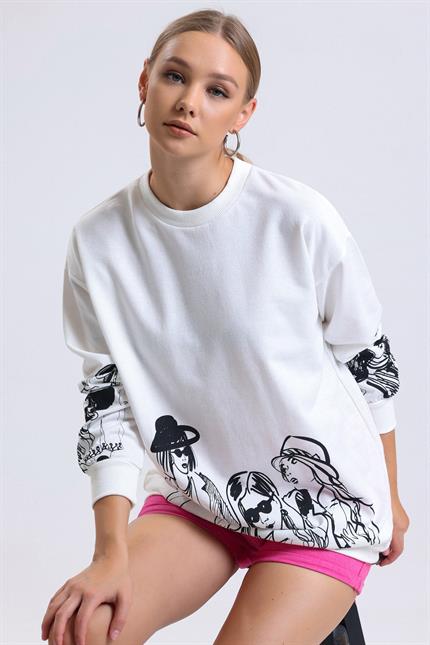 Balon Kollu Baskılı Bisiklet Yaka Oversize Sweatshirt - Ekru