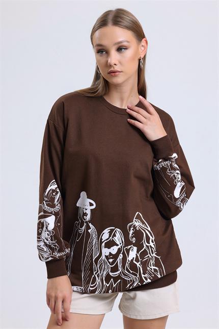 Balon Kollu Baskılı Bisiklet Yaka Oversize Sweatshirt - Kahve
