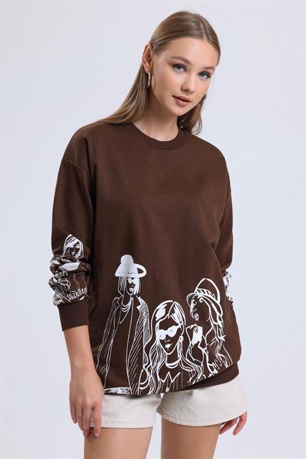 Balon Kollu Baskılı Bisiklet Yaka Oversize Sweatshirt - Kahve