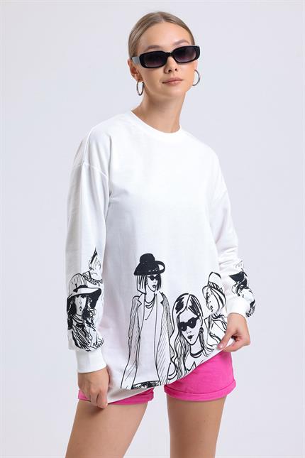 Balon Kollu Baskılı Bisiklet Yaka Oversize Sweatshirt - Ekru