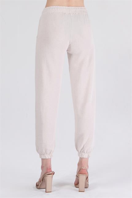 Bel Lastikli Bağcıklı Jogger Keten Pantolon - Taş
