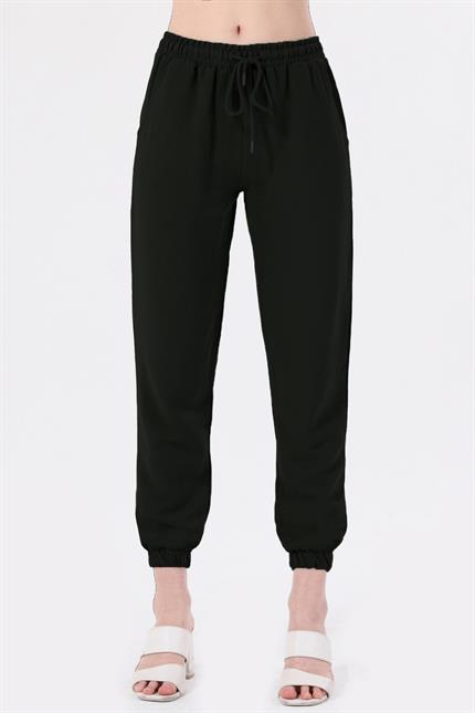 Bel Lastikli Bağcıklı Jogger Keten Pantolon - Siyah