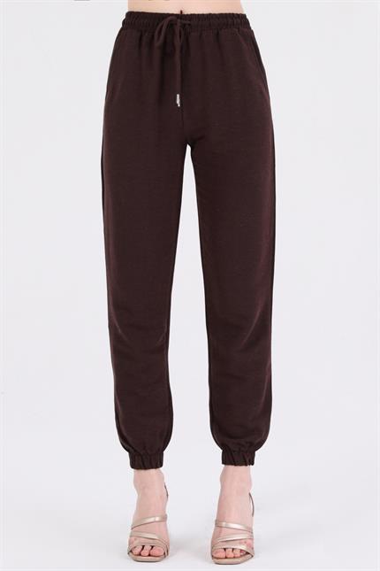 Bel Lastikli Bağcıklı Jogger Keten Pantolon - Kahve