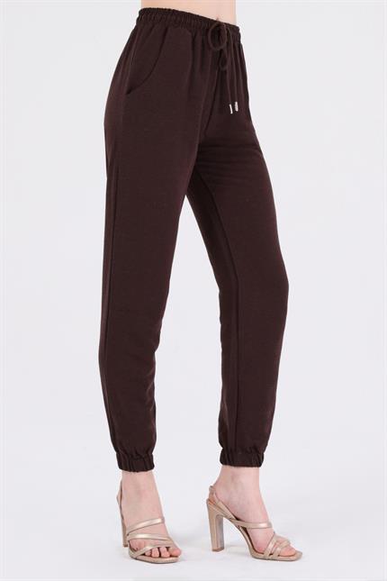 Bel Lastikli Bağcıklı Jogger Keten Pantolon - Kahve