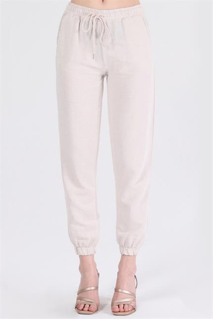 Bel Lastikli Bağcıklı Jogger Keten Pantolon - Taş