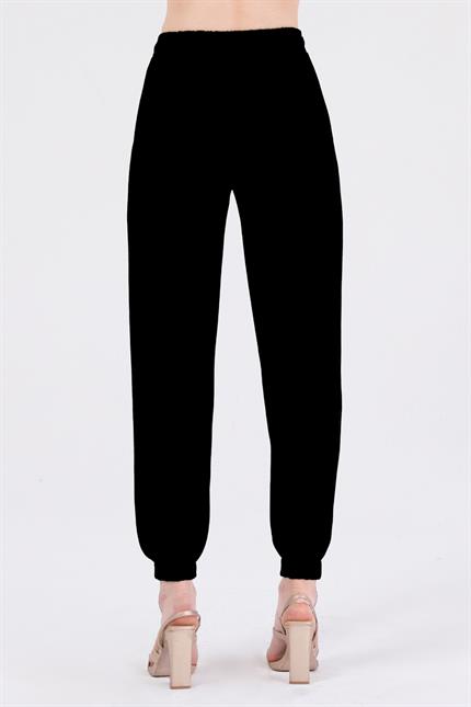 Bel Lastikli Bağcıklı Jogger Keten Pantolon - Siyah