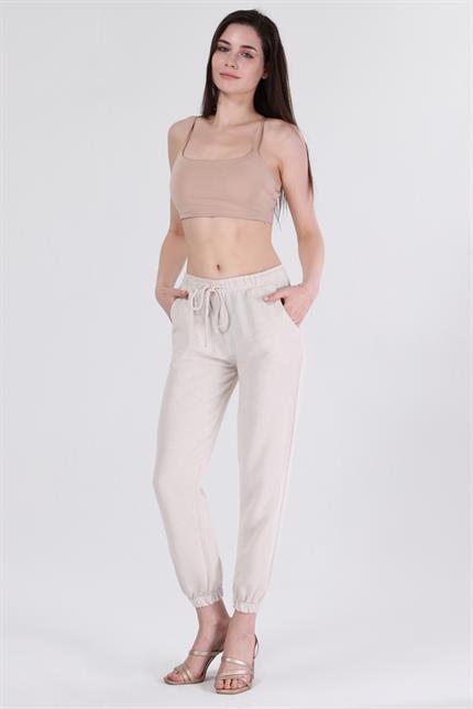 Bel Lastikli Bağcıklı Jogger Keten Pantolon - Taş