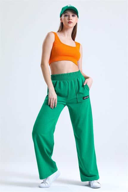 Bel Lastikli Cepli Yüksek Bel Bol Paça Eşofman Altı - Yeşil