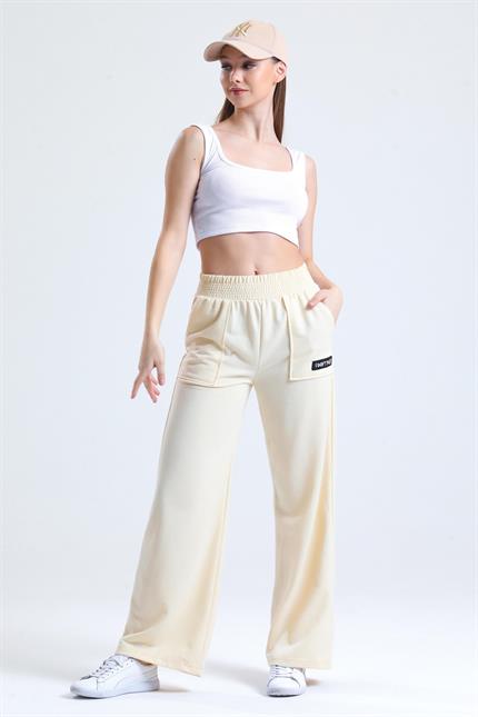 Bel Lastikli Cepli Yüksek Bel Bol Paça Eşofman Altı - Taş