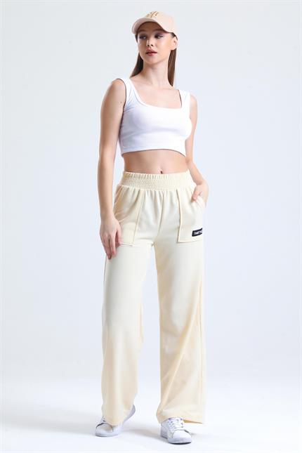 Bel Lastikli Cepli Yüksek Bel Bol Paça Eşofman Altı - Taş