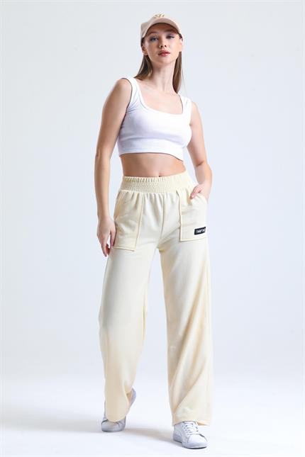 Bel Lastikli Cepli Yüksek Bel Bol Paça Eşofman Altı - Taş