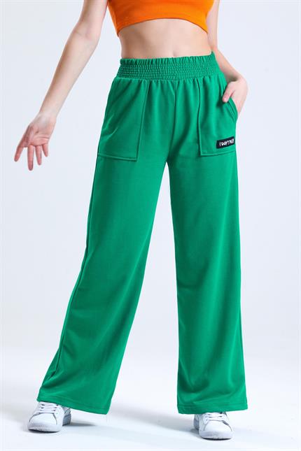 Bel Lastikli Cepli Yüksek Bel Bol Paça Eşofman Altı - Yeşil